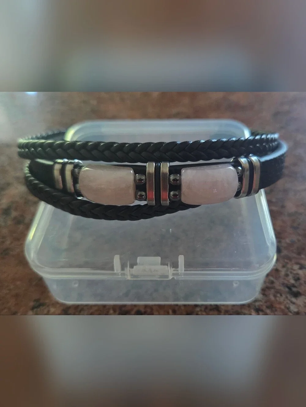 Black Braided Leather Bracelet w/ Hematite and Rose Quartz Stones
